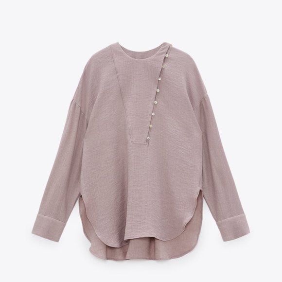 ZARA Flowy Round Neck Front Button Structured Shirt - Picture 4 of 6